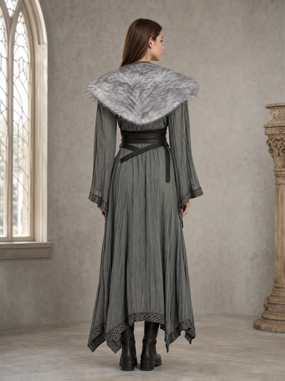 Adult Viking Cape Costume, Fluffy Gray-White Shoulder Edge, Gold Emblem & Button