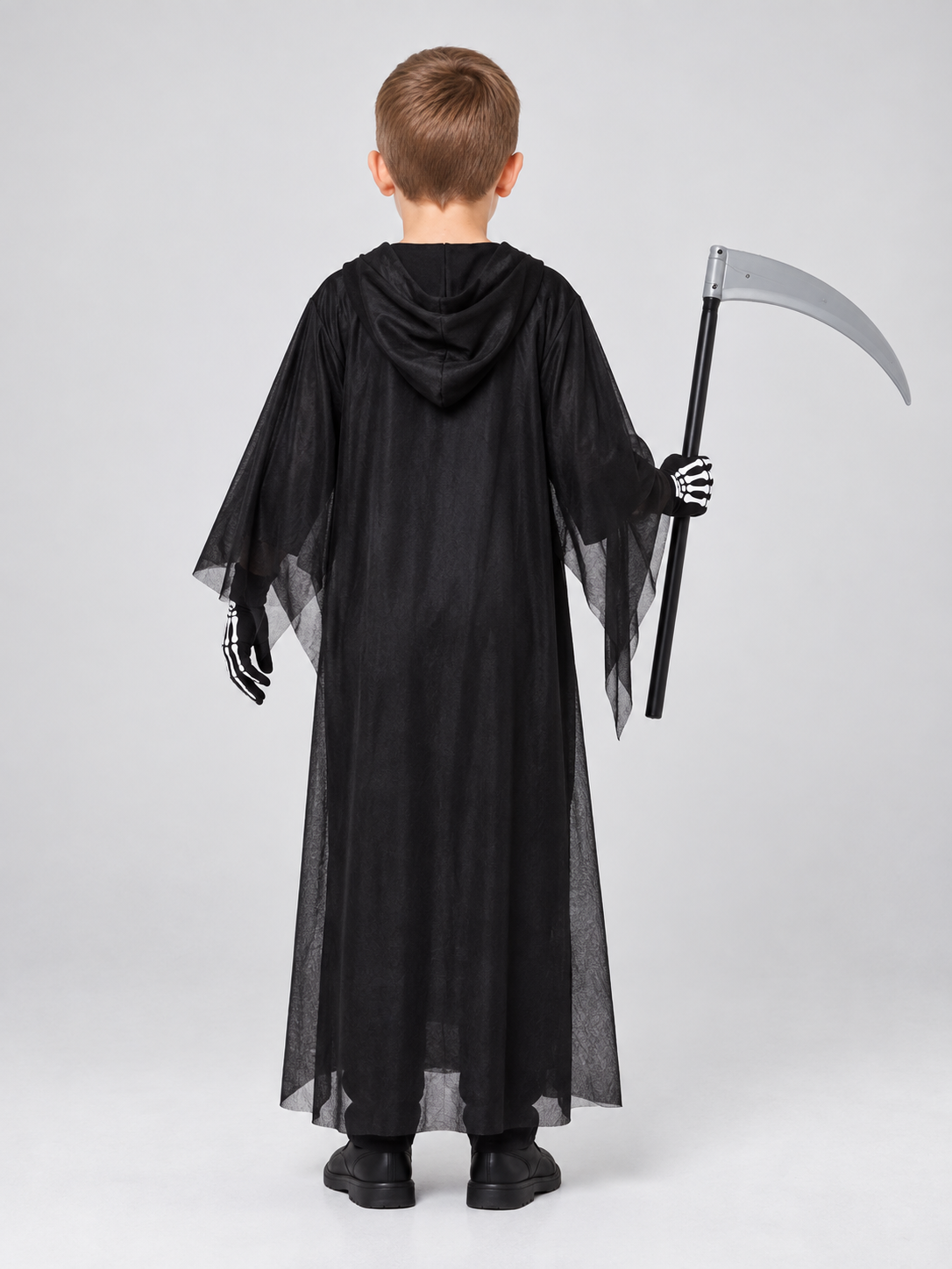 Skeleton Costume with Mask and Props back view