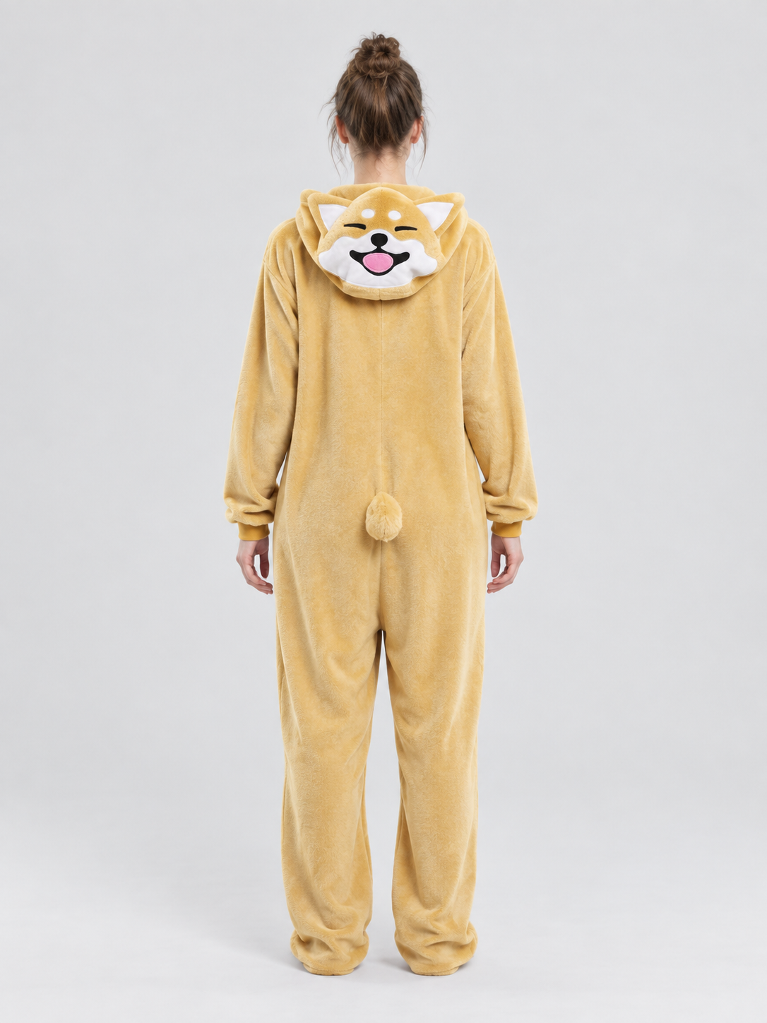 Plush yellow-beige kigurumi pajama with hood and ears