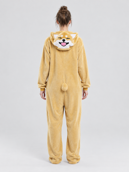 Plush yellow-beige kigurumi pajama with hood and ears