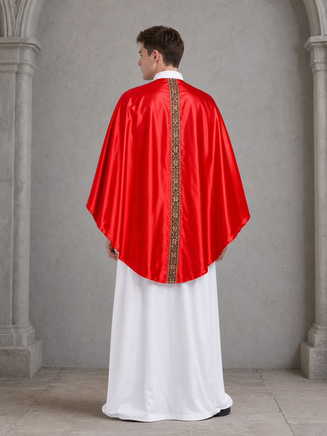 Papal-Style Ceremonial Costume Set With Red Robe, White Undergarment And Pointed Mitre Hat For Stage, Film And Themed Events