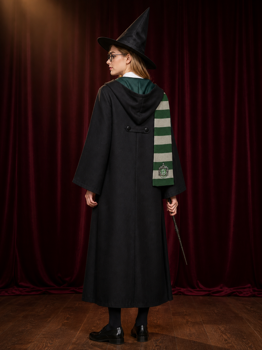 Black and Green Wizard Costume Set with Robe, Hat, Glasses, Wand, Scarf, Shirt back view
