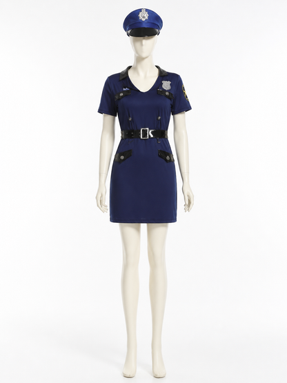 Women's Sexy Police Officer Costume Set with Hat and Belt - Short Sleeve Dress back view