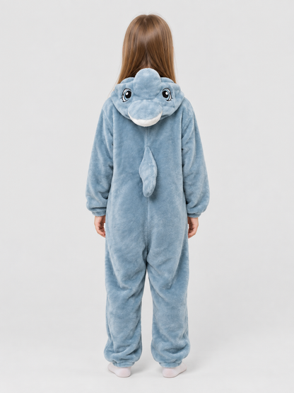 Blue Fleece Pajama One-Piece with Dolphin Hood