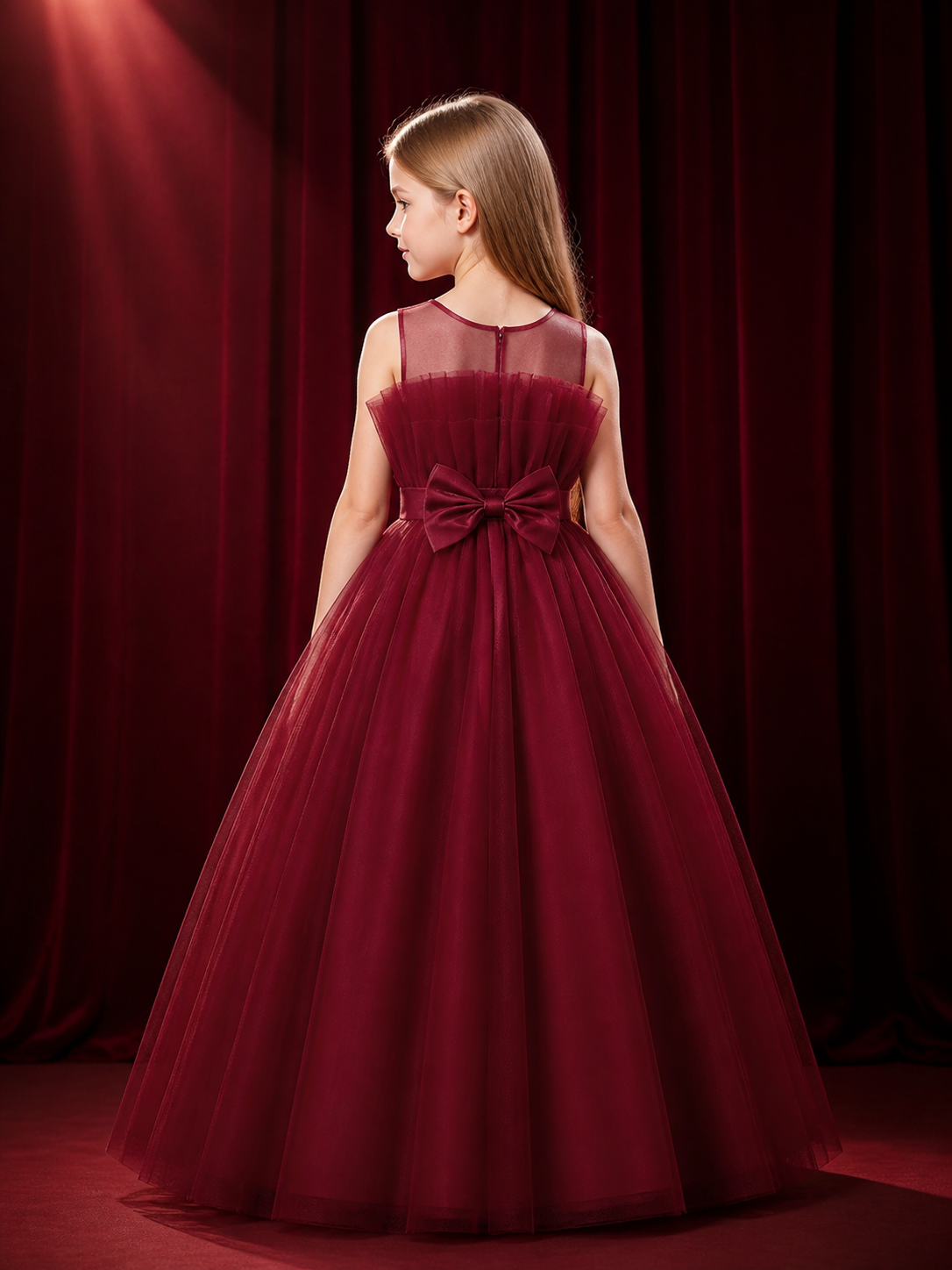 Girls' Maroon Long Flower Girl Princess Dress, Layered Tulle Skirt and Bow back view