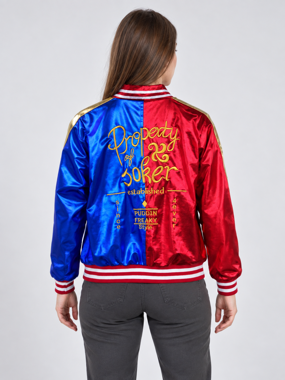 Harley Quinn Cosplay Jacket Blue and Red with Gold Embroidery