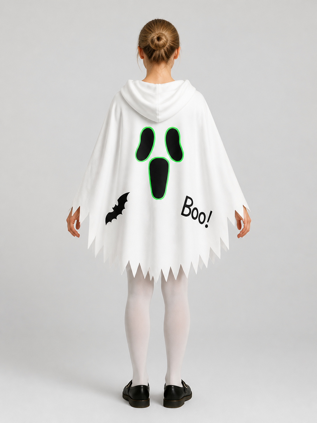 White Halloween Hooded Cape with Ghost Print back view