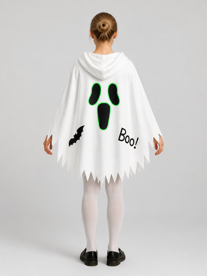 White Halloween Hooded Cape with Ghost Print back view