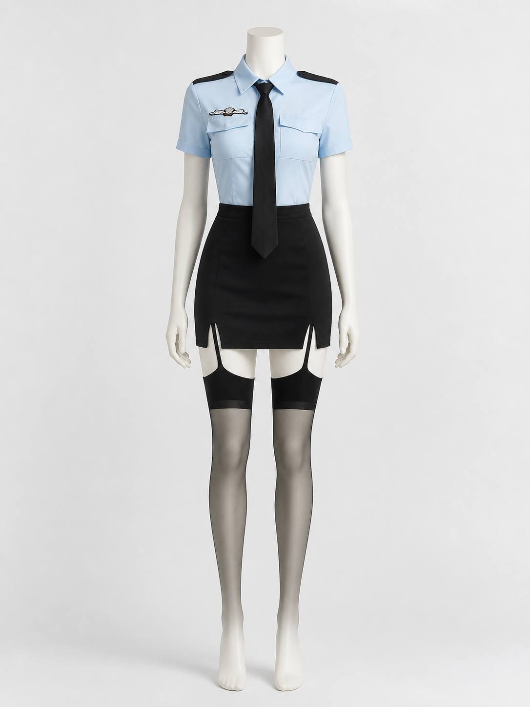 Women's Police Officer Cosplay Costume Set, Light Blue Top with Black Tie and back view