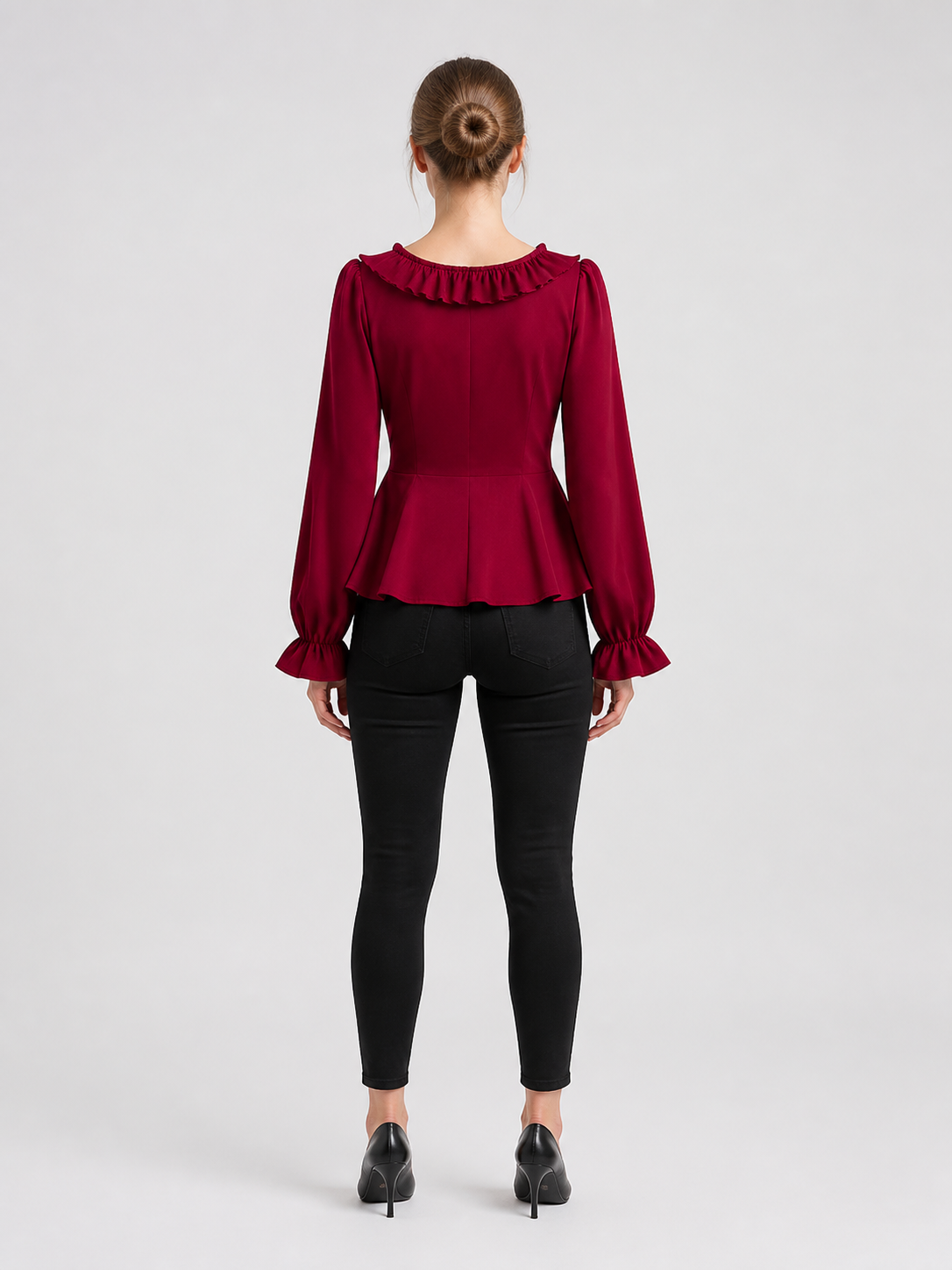 Red Renaissance-Style Ruffled Blouse for Halloween back view