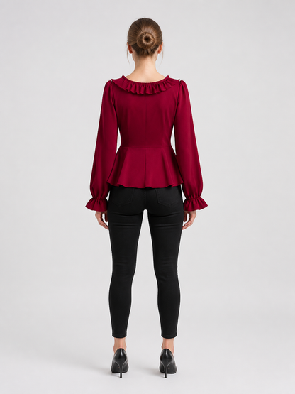 Red Renaissance-Style Ruffled Blouse for Halloween back view