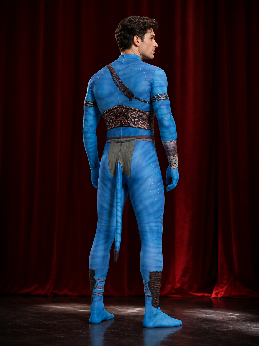 Blue Alien Character Bodysuit Costume, Armor Print with Tail, Halloween Cosplay back view