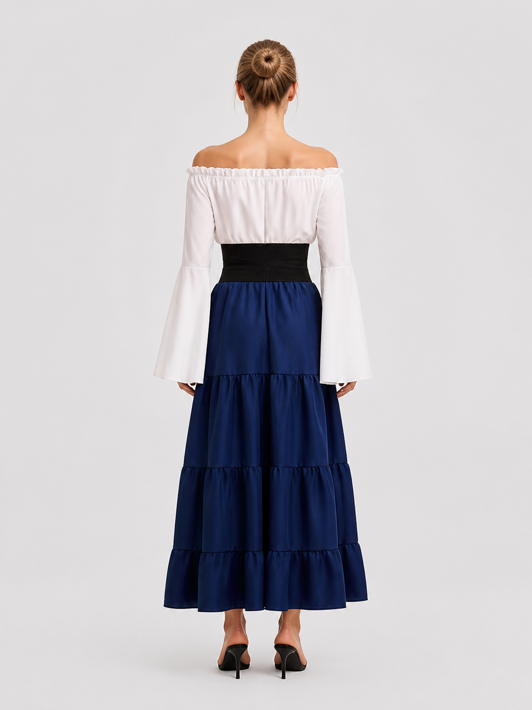 Long Dress with Flared Sleeves, Tiered Skirt back view