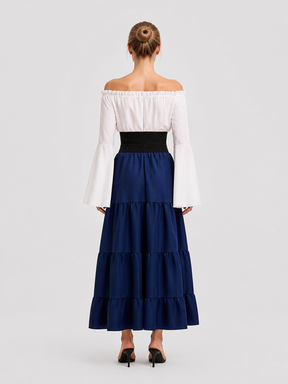 Long Dress with Flared Sleeves, Tiered Skirt back view