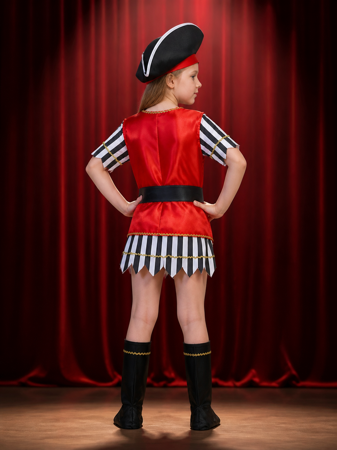 Kids Pirate Costume Set, Red Vest with Skull Print, Striped Jersey and Hat for back view