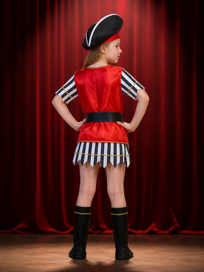 Kids Pirate Costume Set, Red Vest with Skull Print, Striped Jersey and Hat for back view