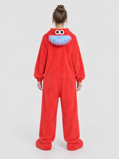 Red Hooded Pajama Jumpsuit with Cartoon Design