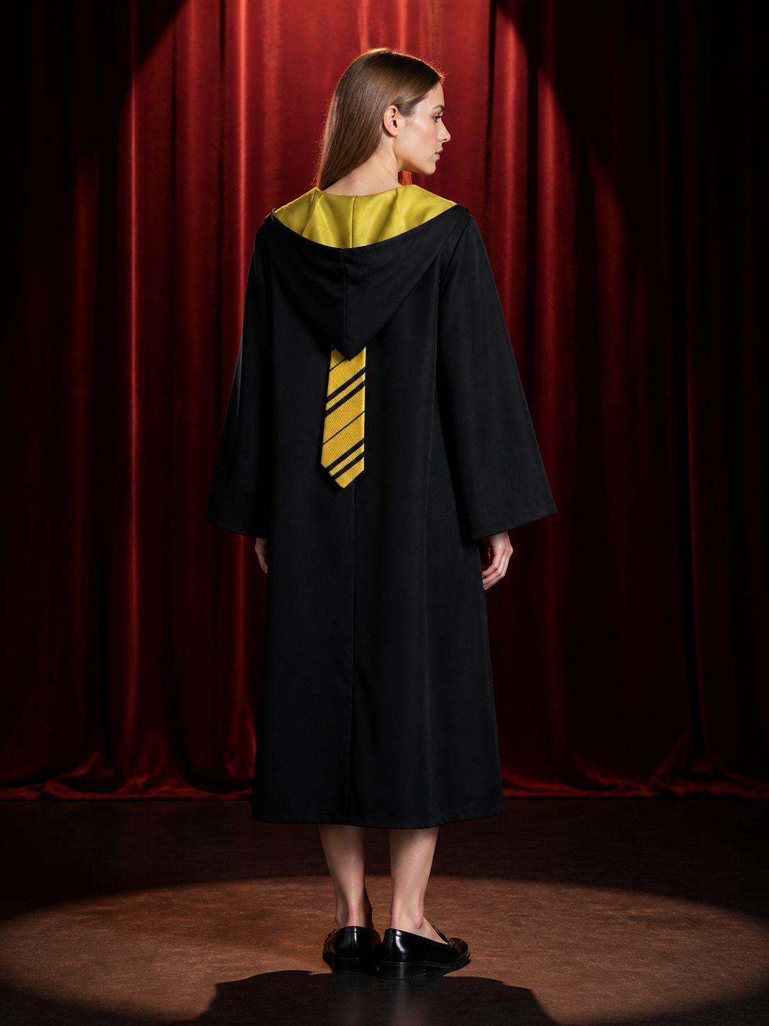 Hufflepuff Long Hooded Wizard Robe Costume Set with Striped Tie for Halloween back view