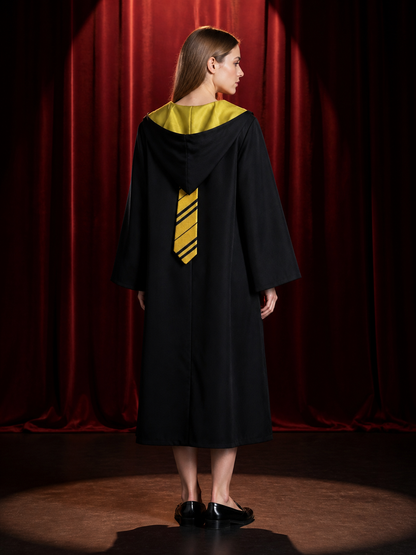 Hufflepuff Long Hooded Wizard Robe Costume Set with Striped Tie for Halloween back view