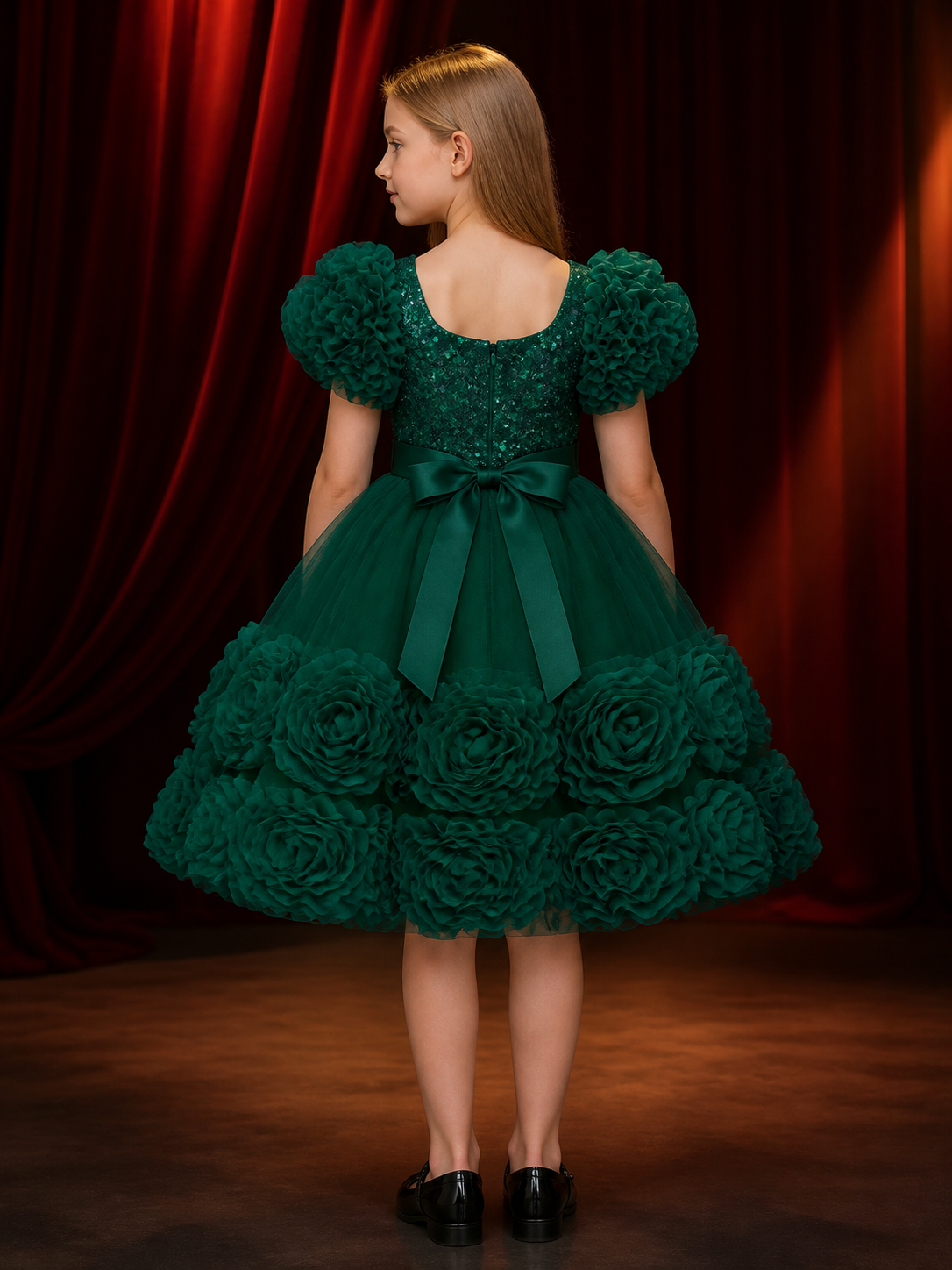 Baby Girls' Dark Green Sequined Princess Dress With Puff Sleeves and Ruffle Trim