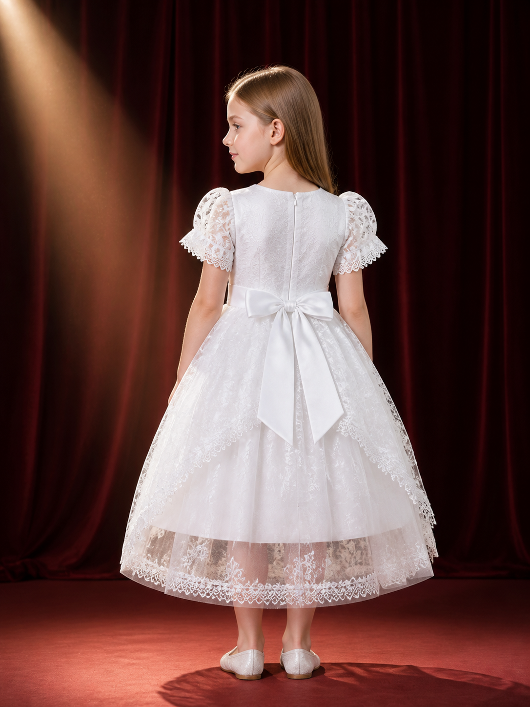 Girls' White Princess Dress, Floral Embroidered Lace Party Gown With Bow back view
