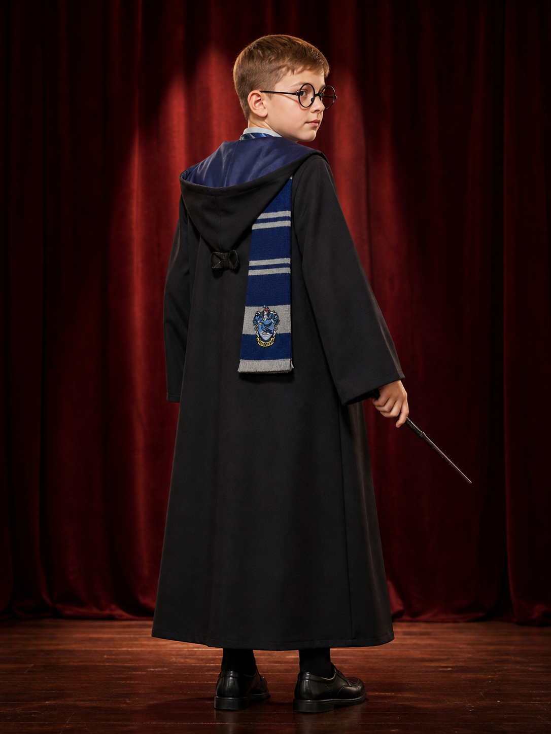 Ravenclaw Wizard Costume Set, Hooded Robe with Scarf, Tie, Glasses and Wand back view