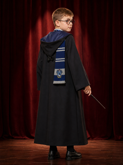 Ravenclaw Wizard Costume Set, Hooded Robe with Scarf, Tie, Glasses and Wand back view