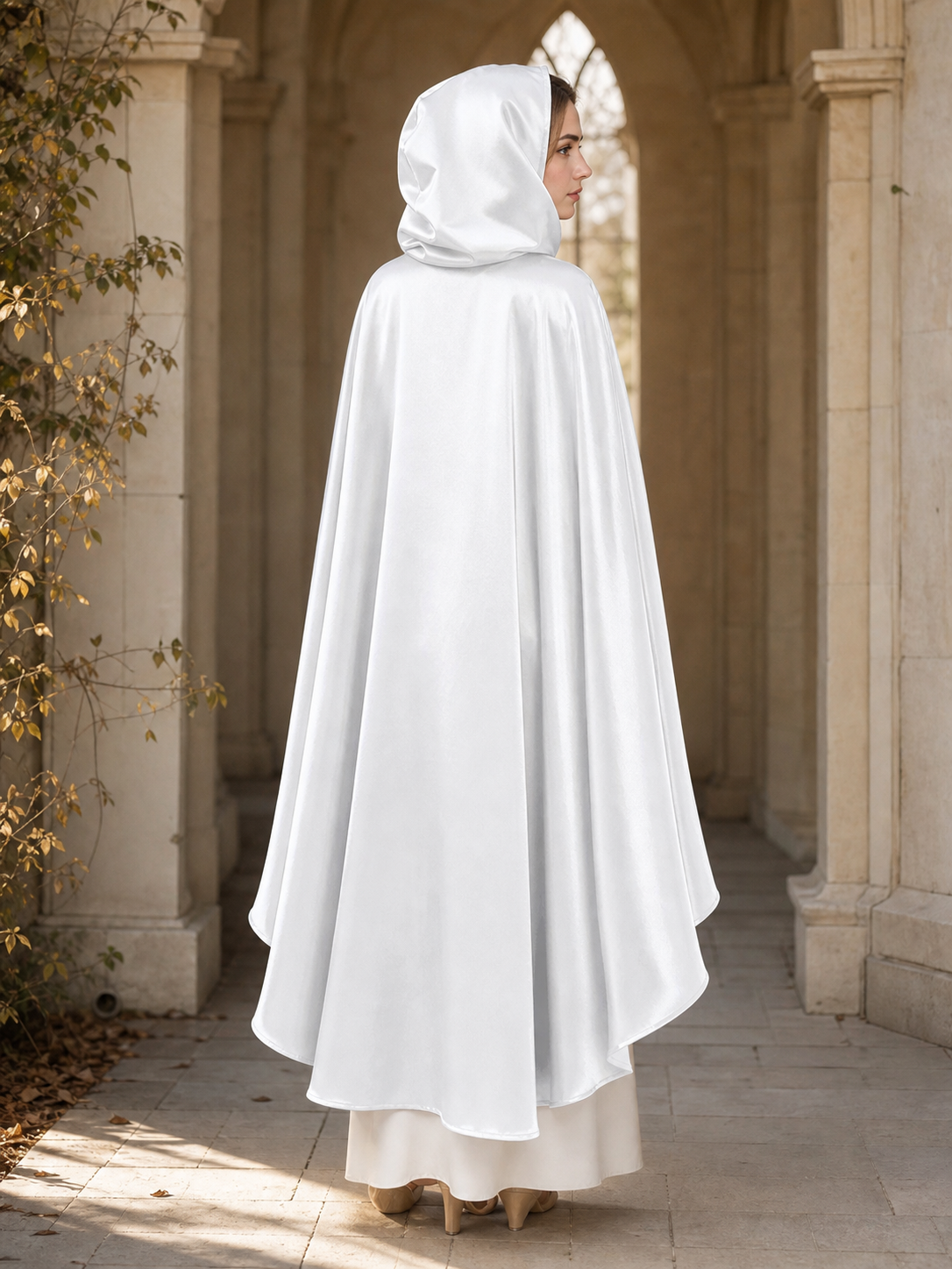 Long white hooded satin-look carnival cape product view 49