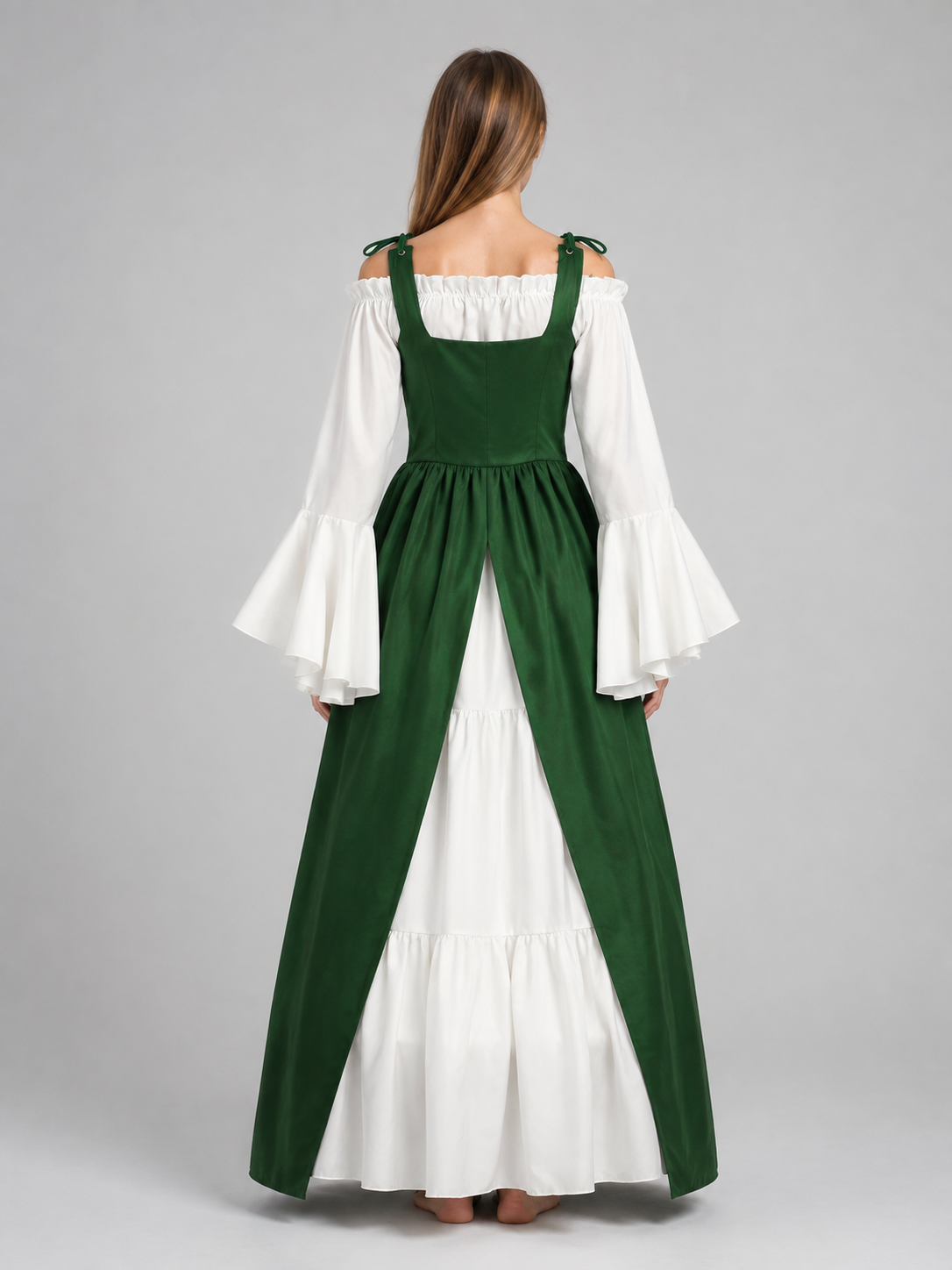 Green and White Historical Lace-Up Dress back view