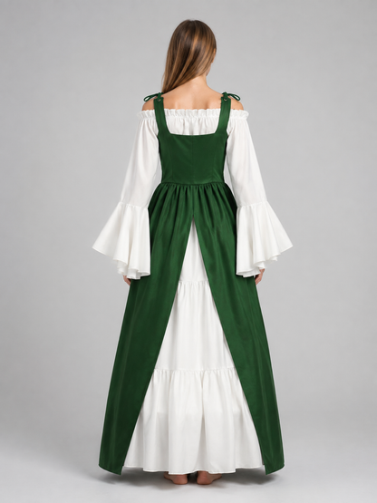 Green and White Historical Lace-Up Dress back view