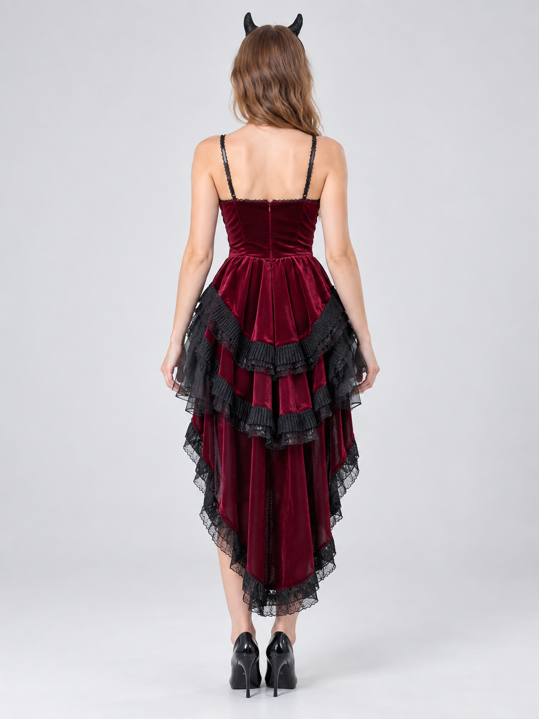 Burgundy Halloween Carnival Dress with Horns