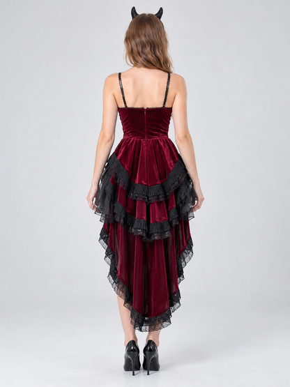 Burgundy Halloween Carnival Dress with Horns
