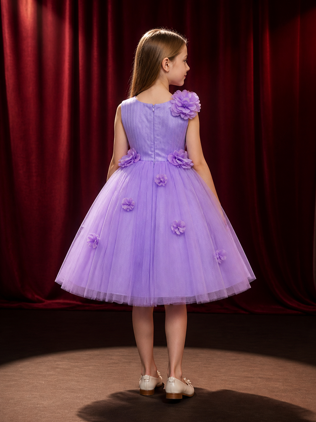 Girls' Lavender Princess Dress, Layered Tulle 3D Floral Flower Girl Outfit back view