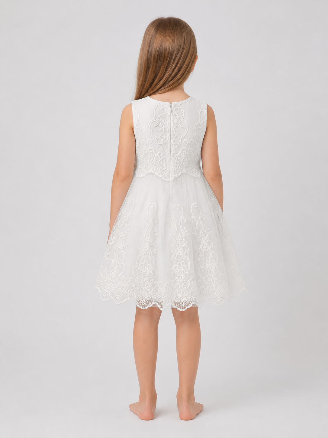 White Sleeveless Dress with Lace and Embroidery back view