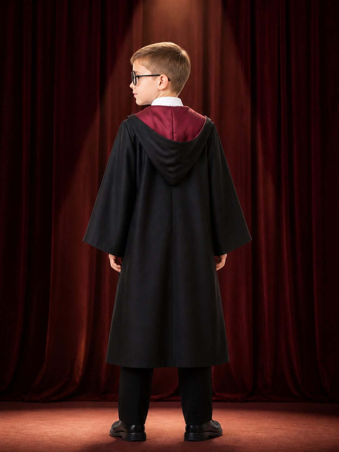 Kids Gryffindor Wizard Costume Set With Hooded Robe, Shirt, Pants, Tie And back view