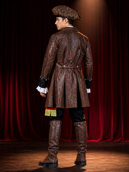 Adult Pirate Captain Halloween Costume Set, Brown Long Coat with Red Sash, Gold back view
