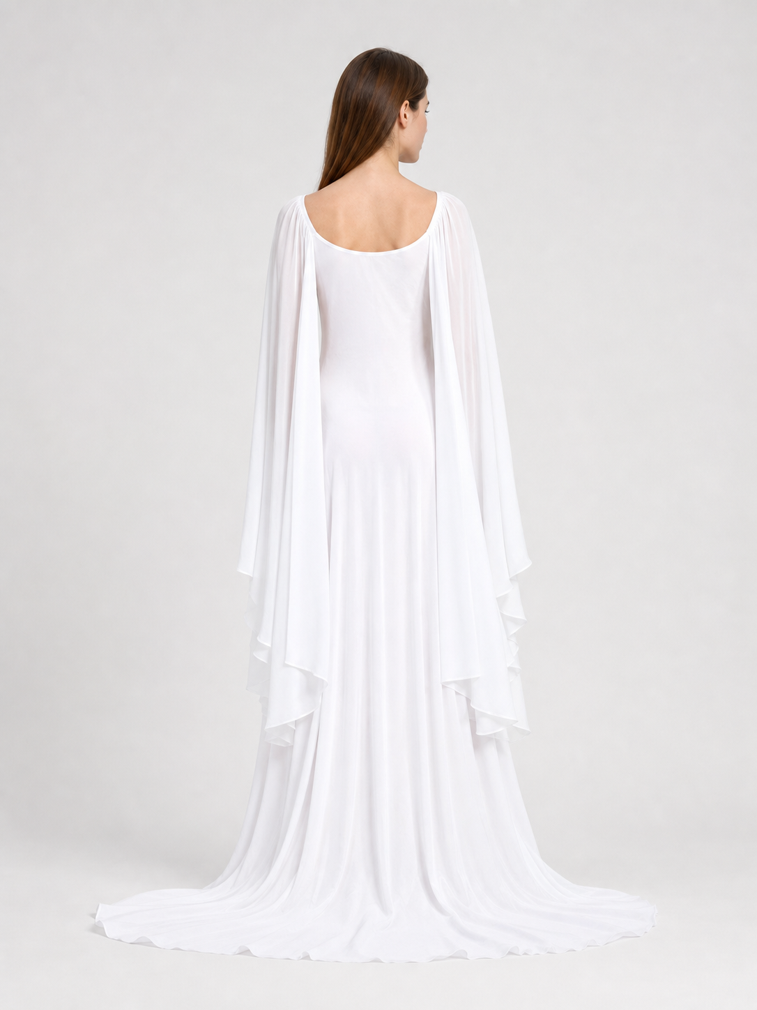 White Dress with a Square Neckline and Wide Sleeves