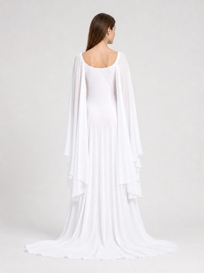 White Dress with a Square Neckline and Wide Sleeves