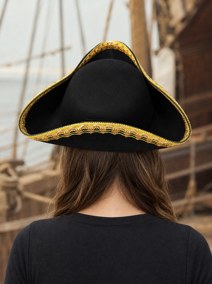 1pc Theatrical Pirate Tricorn Hat, Black Three-Cornered Style with Ornate Gold Trim and Wide Curved Brim for Costume Parties and Themed Events