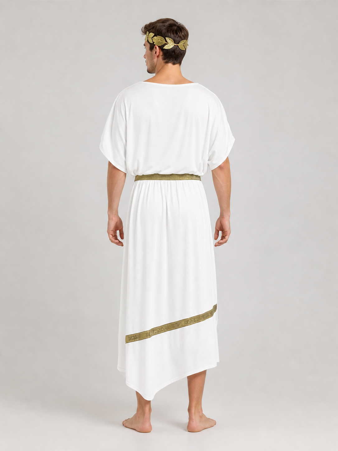 Adult Men's Ancient Greek Costume Set, 3pcs Draped Robe With Gold Trim, Waist Belt And Laurel Wreath For Cosplay Theme Parties