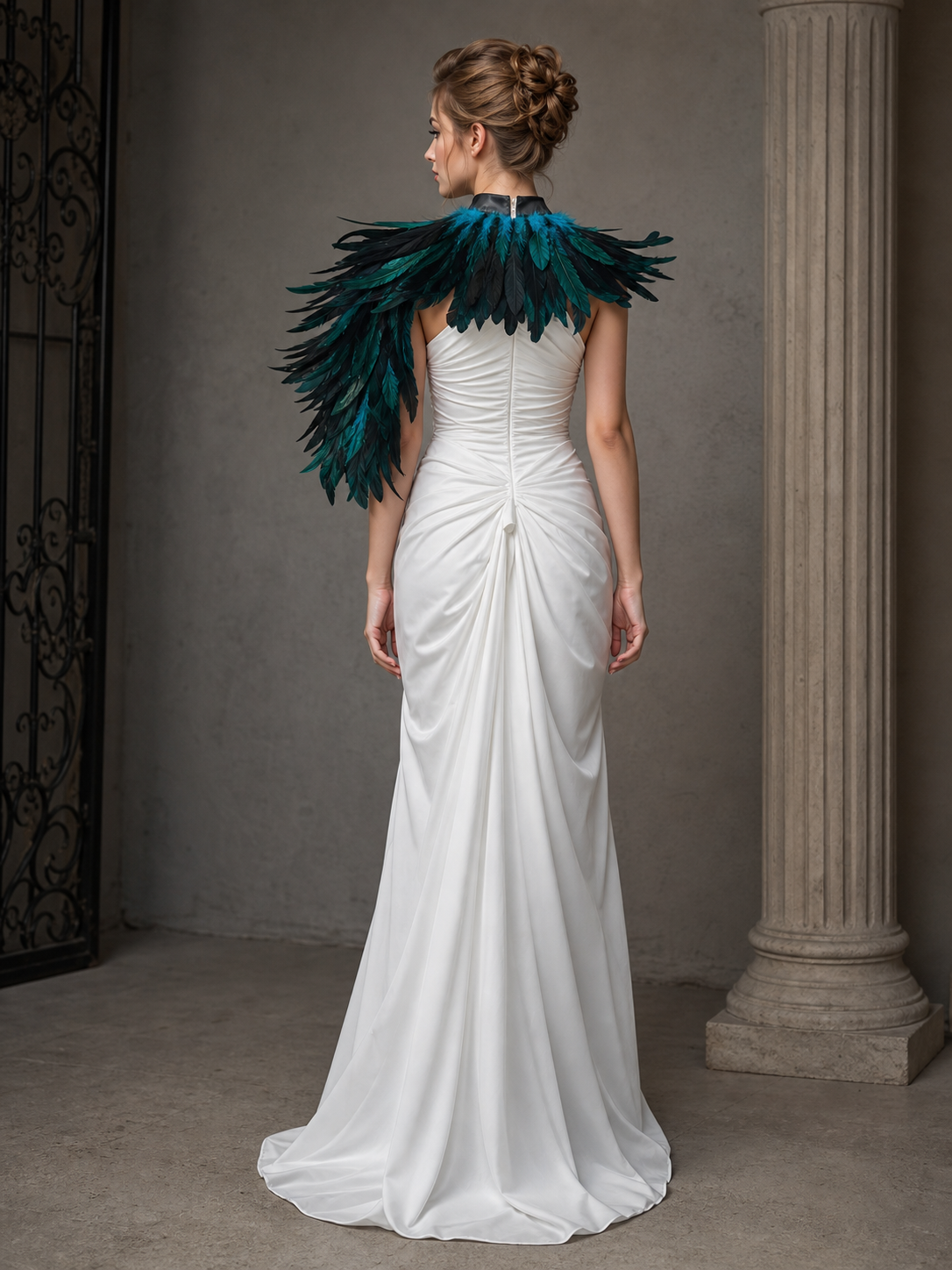 Asymmetrical Feather Cape, 1 Piece, Layered Teal/Dark Blue/Black Feather Trim, Right Side Long Feather Drape, Neckline Feather Decor, Costume Cape