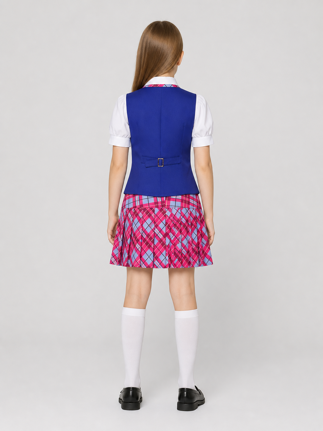 Barbie Cosplay Dress with Vest and Tie, Pleated back view