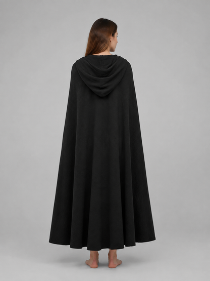 Long Black Hooded Cloak with a Loose Fit back view