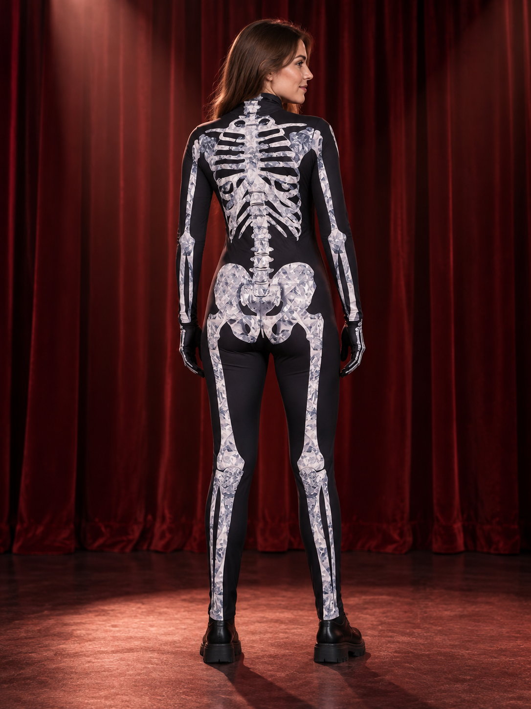 Black and White Skeleton Costume with Print and Stand Collar