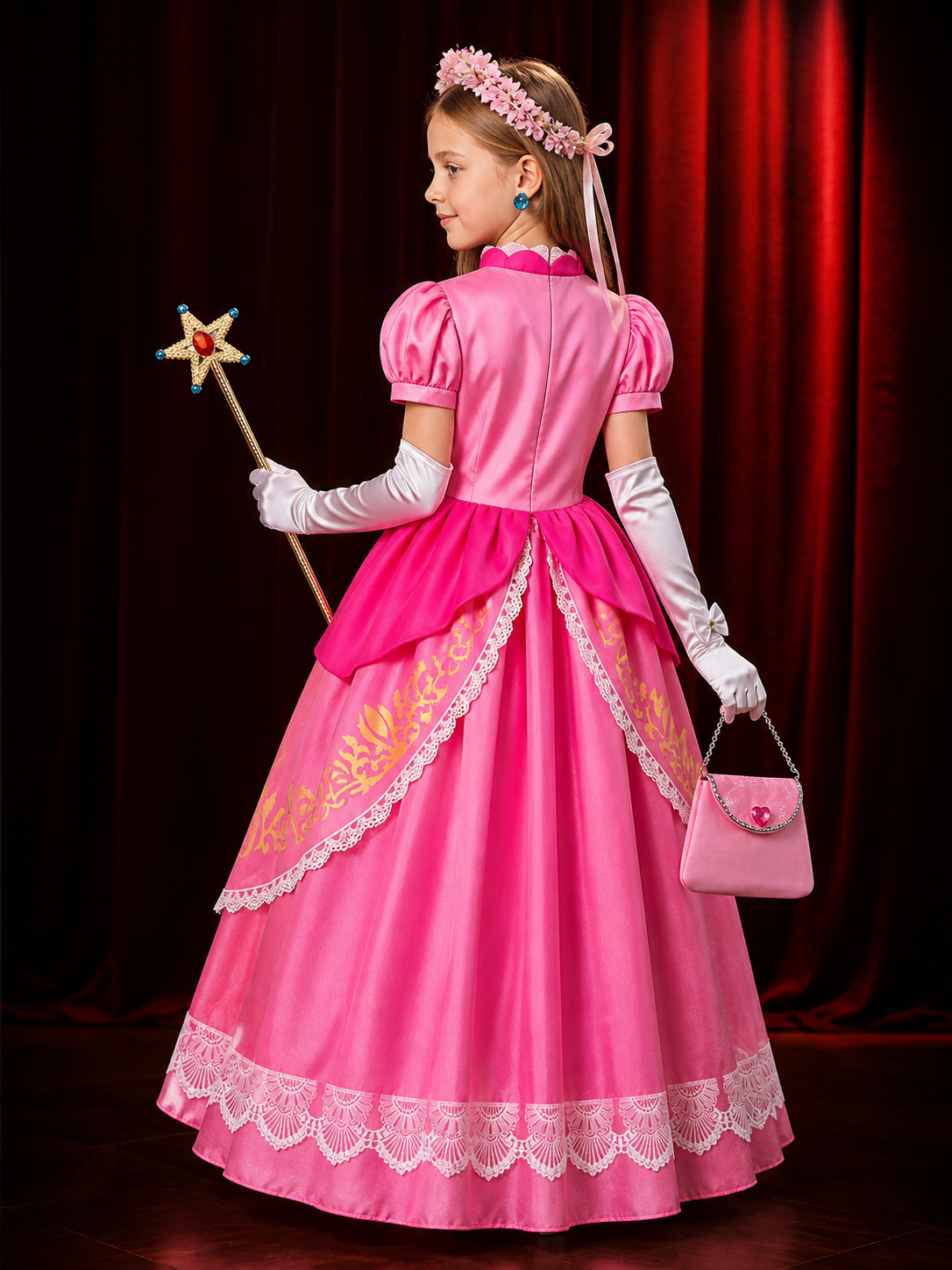 Girls Pink Princess Halloween Costume Dress Set with Magic Wand and Accessories back view