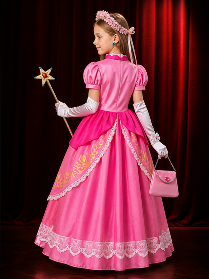 Girls Pink Princess Halloween Costume Dress Set with Magic Wand and Accessories back view