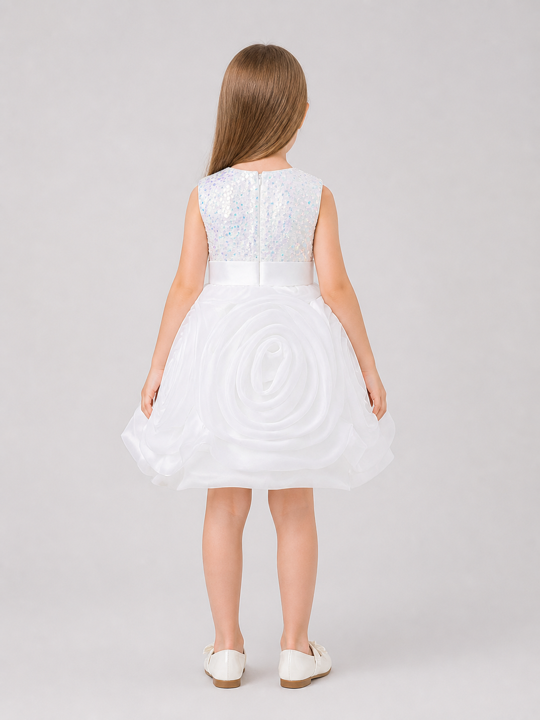 White Princess Dress for Girls with Sequins and Bow back view