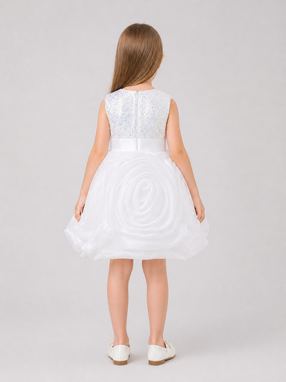 White Princess Dress for Girls with Sequins and Bow back view
