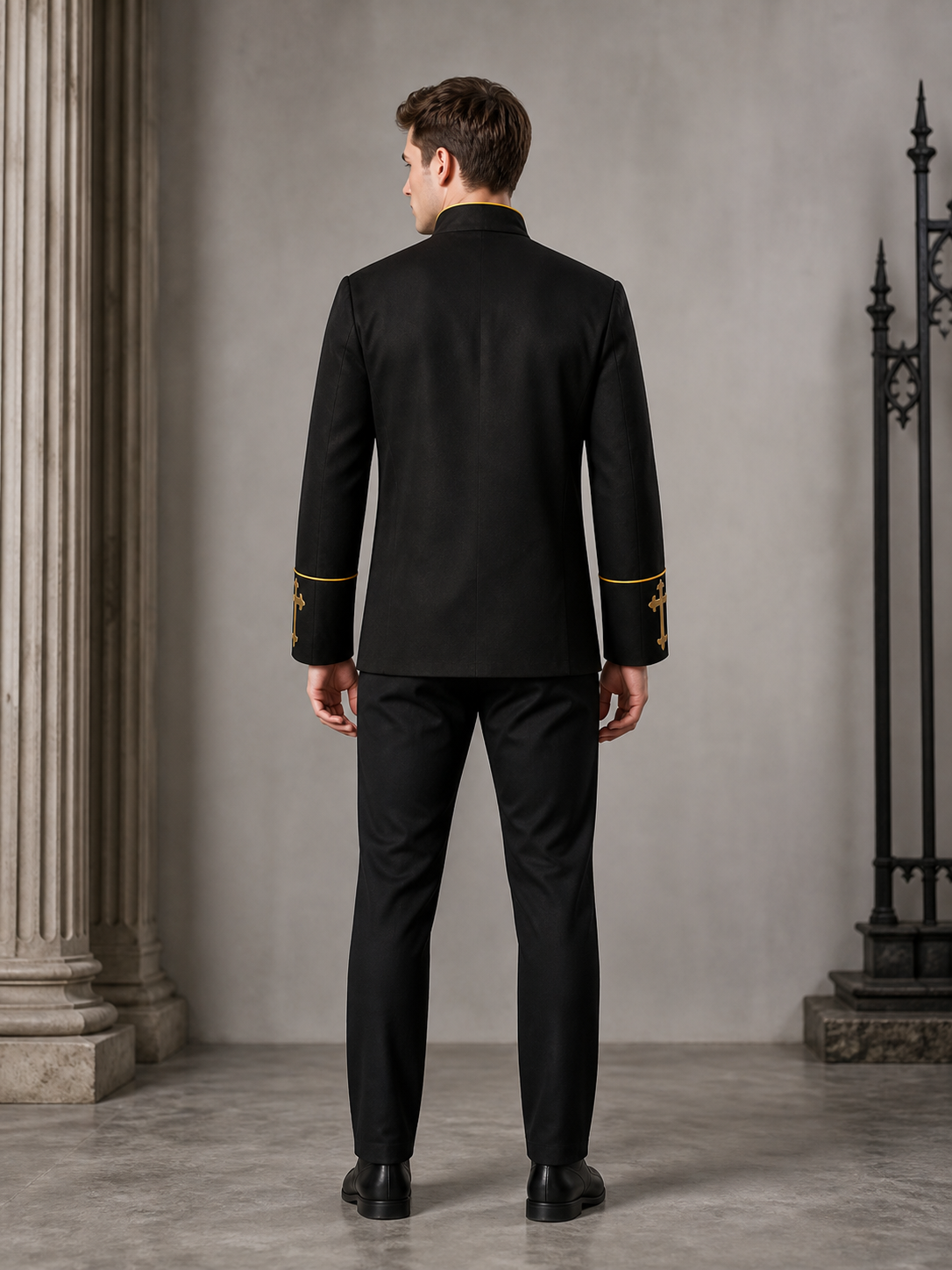 Black stand-collar jacket with gold trim