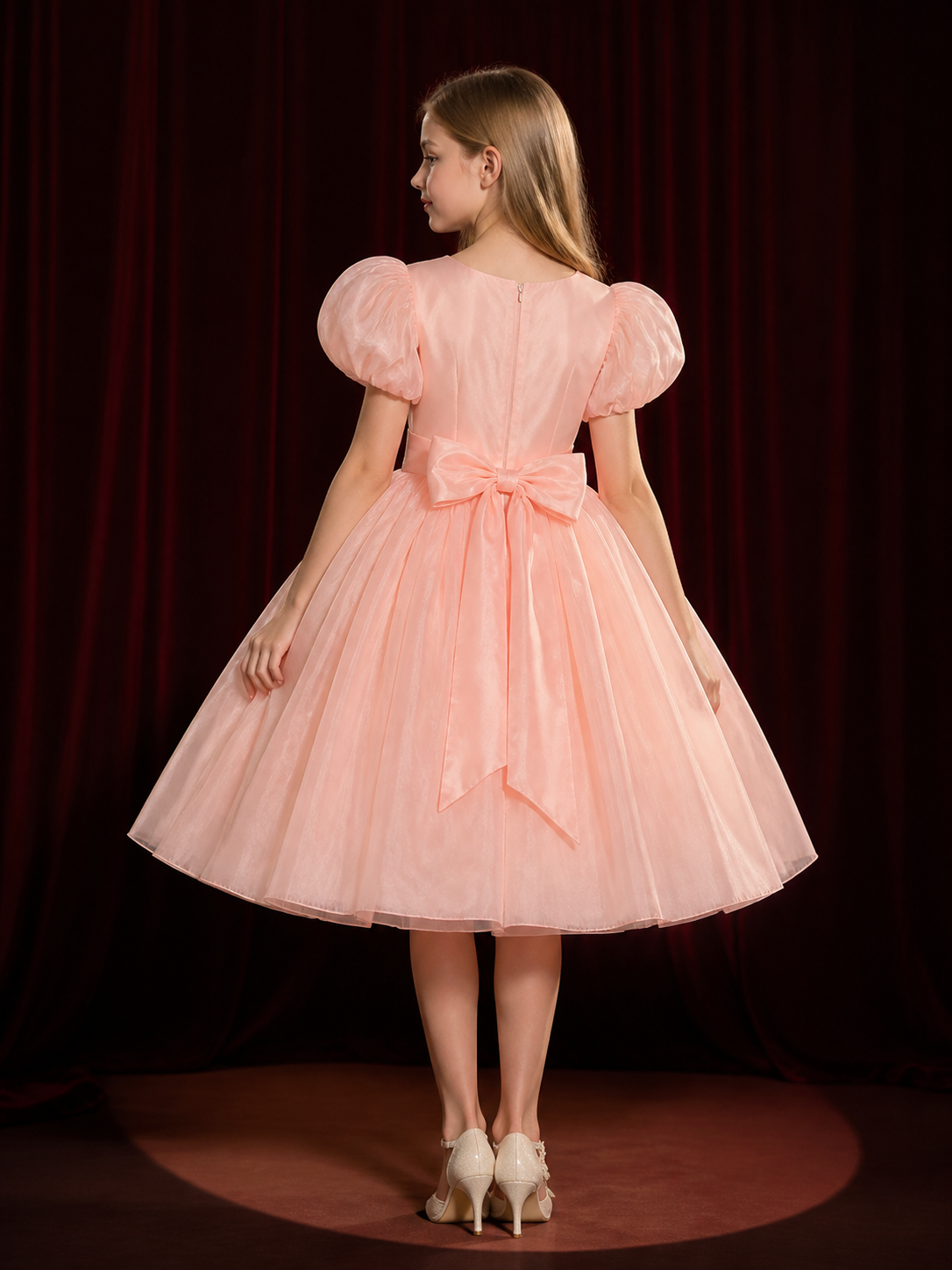 Girls' Pink Princess Dress With Puff Sleeves, Floral Sequin Embroidery and Tulle back view